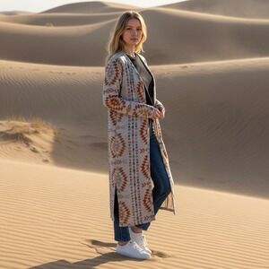 Tulip Lane Longline Open Front Cardigan Womens Size Small Gray Aztec Western